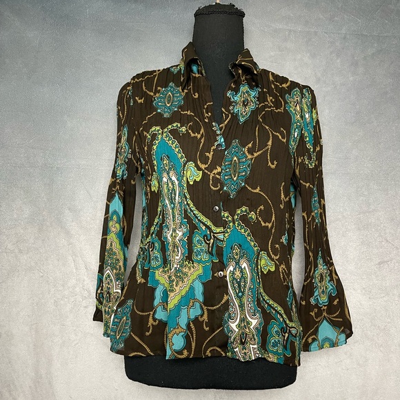 Brown and blue paisley pleated blouse with butterfly sleeves size medium - Picture 1 of 6